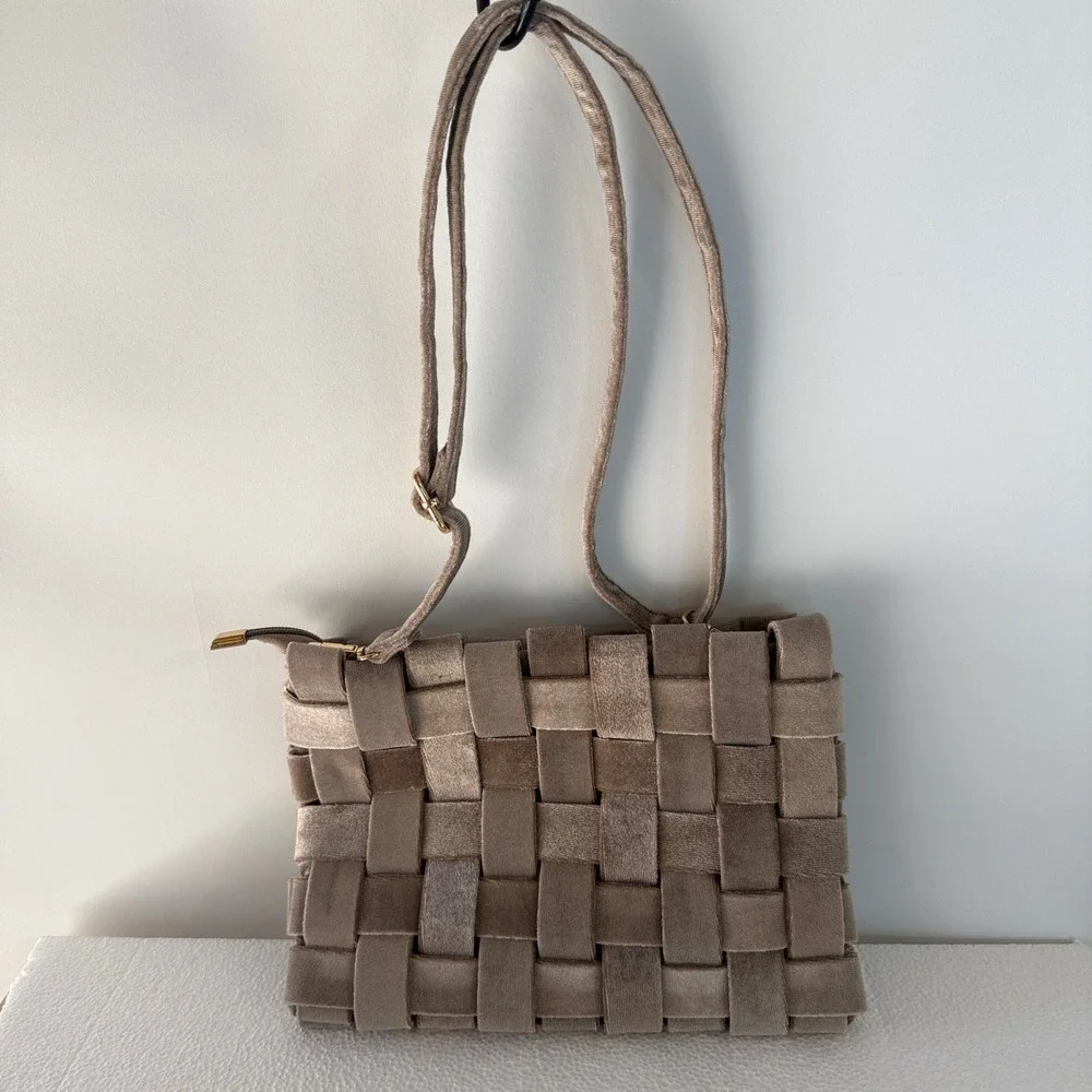 Anthropologie Lindy Woven Clutch Women Taupe Bronze Velvet Crossbody Bag Party